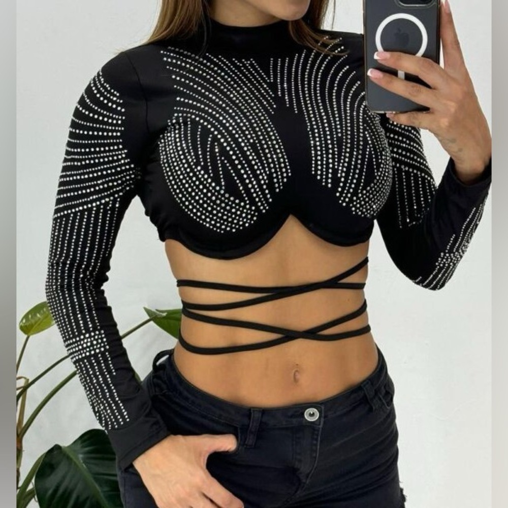 (A3)BAJUL Sheer Crop Top with Rhinestones and Trim, Size M - Picture 10 of 10